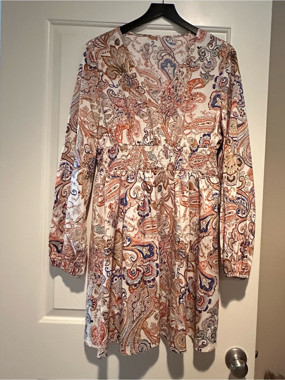 SHEIN Long Sleeve Paisley Dress in Cream, Rust, Navy
